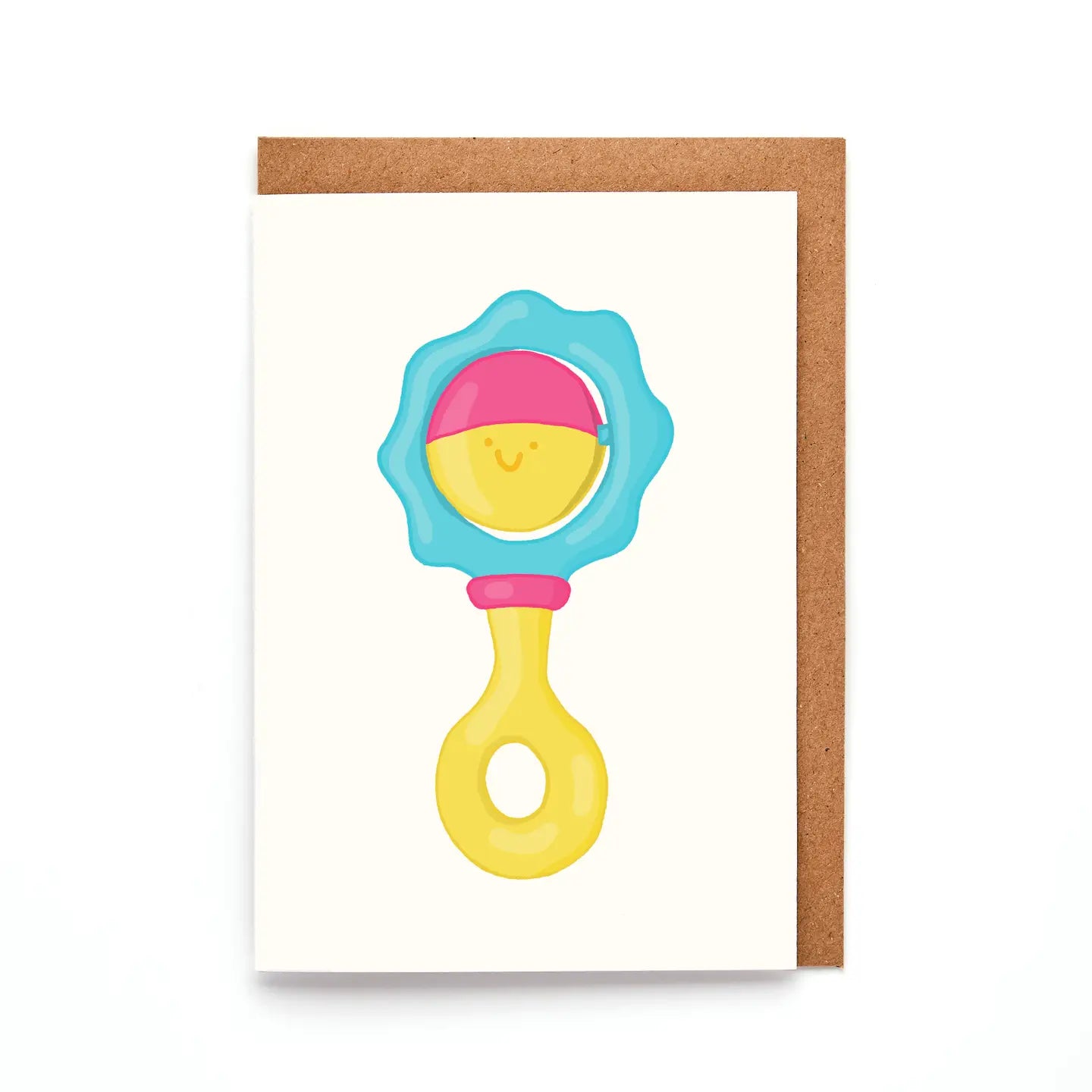 Mini new baby card with smiling blue, pink and yellow hand drawn rattle