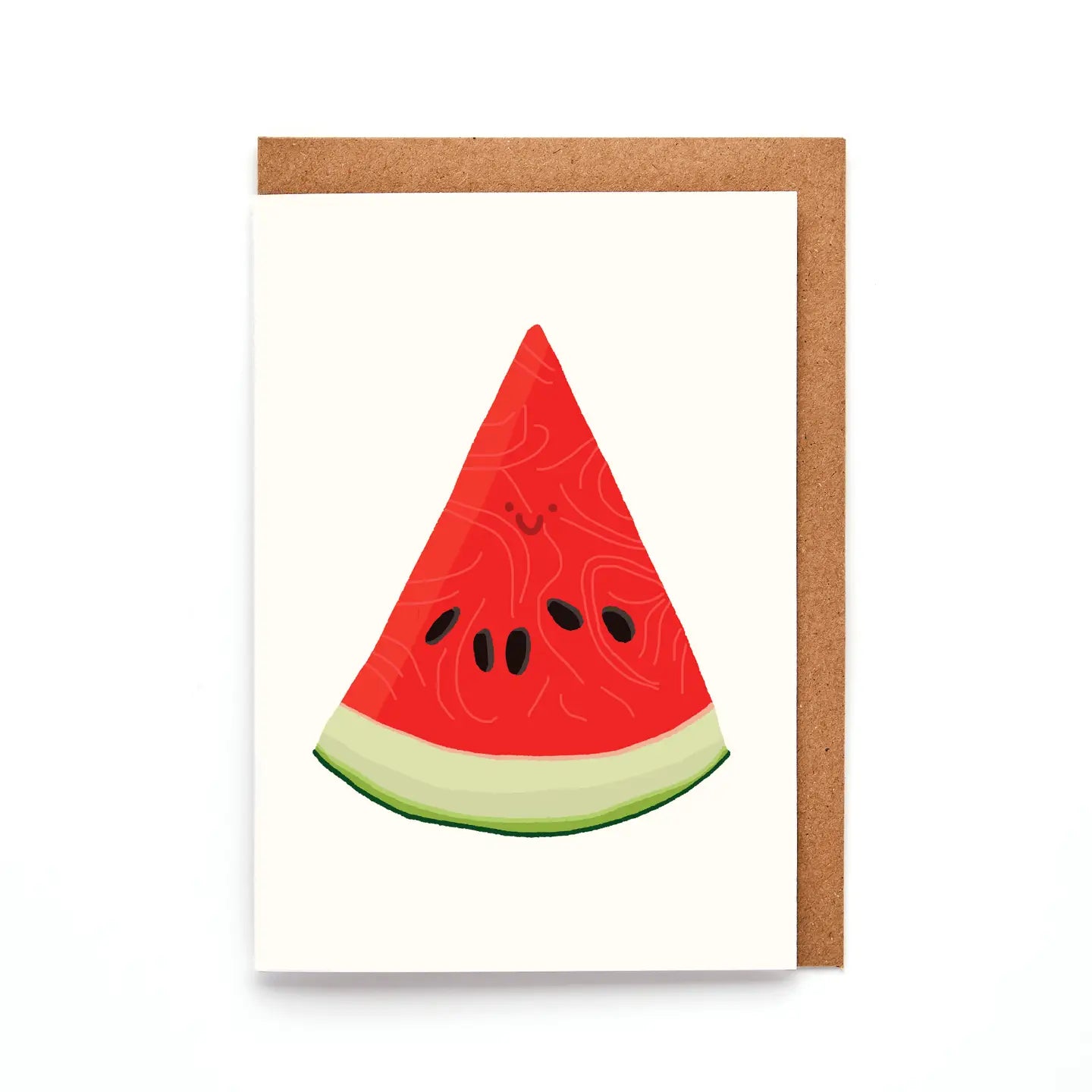 Mini watermelon card with hand drawn red and green smiling fruit slice