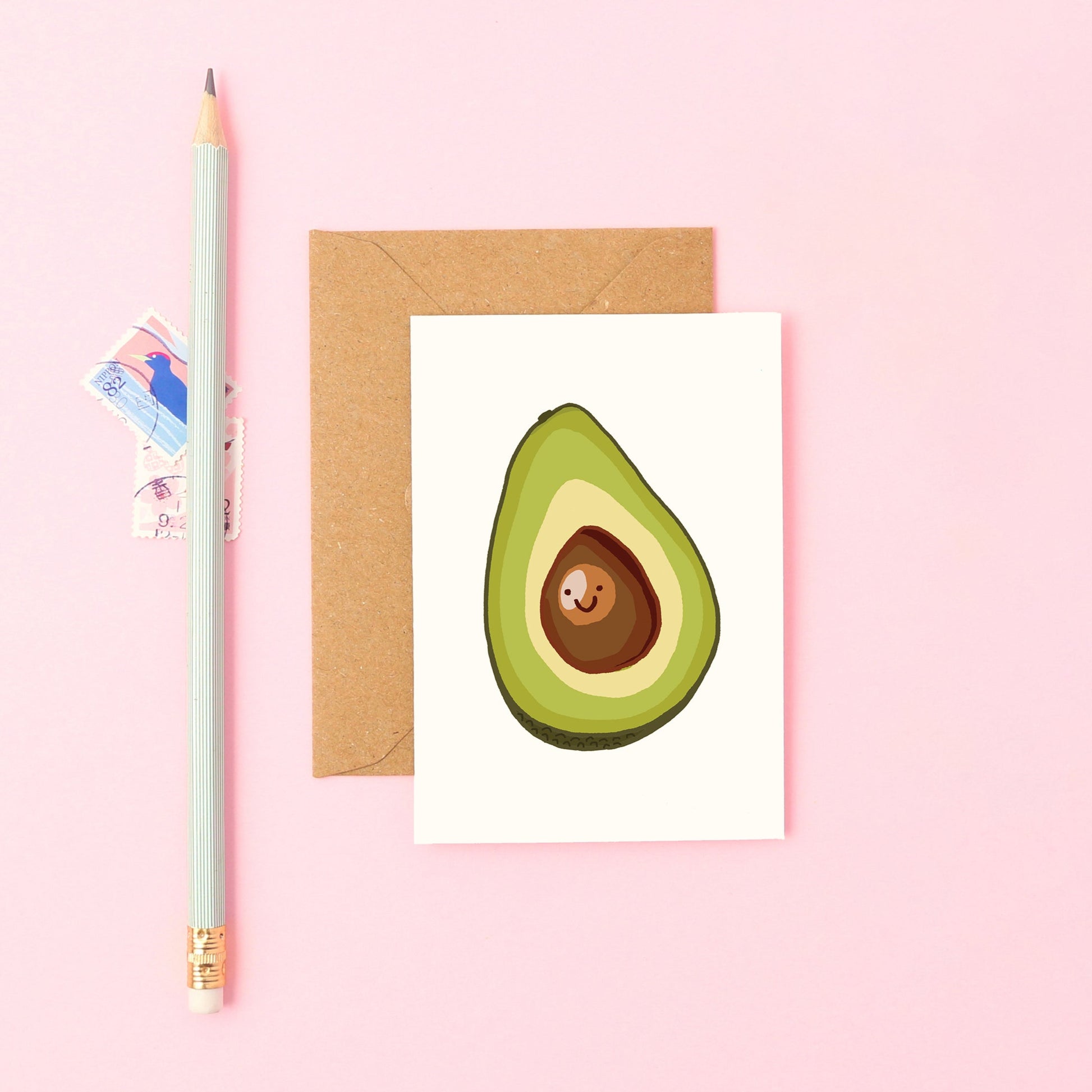 Mini Avocado Greeting Card Featuring a Smiley Avocado