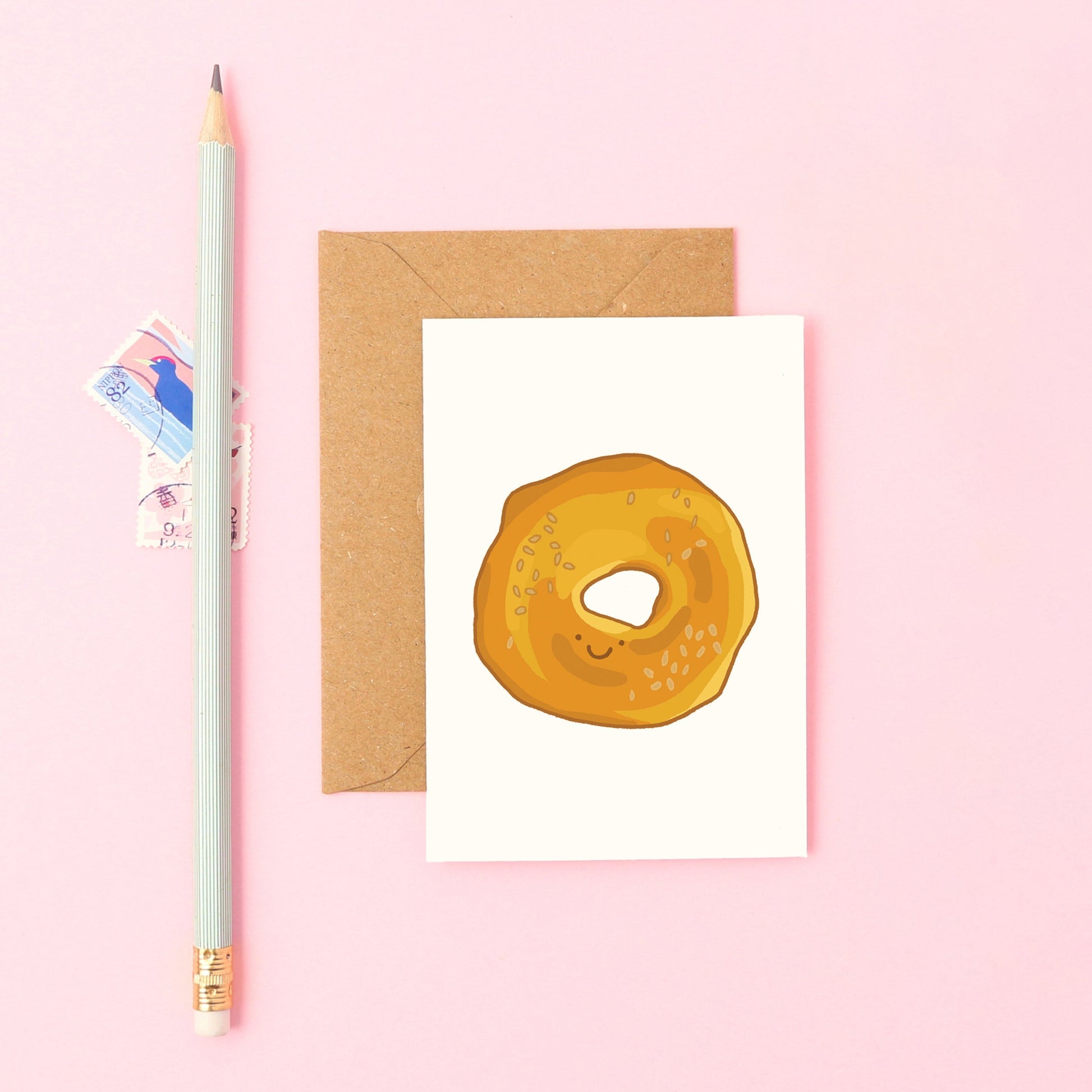 Mini Greeting Card Featuring a Smiley Bagel