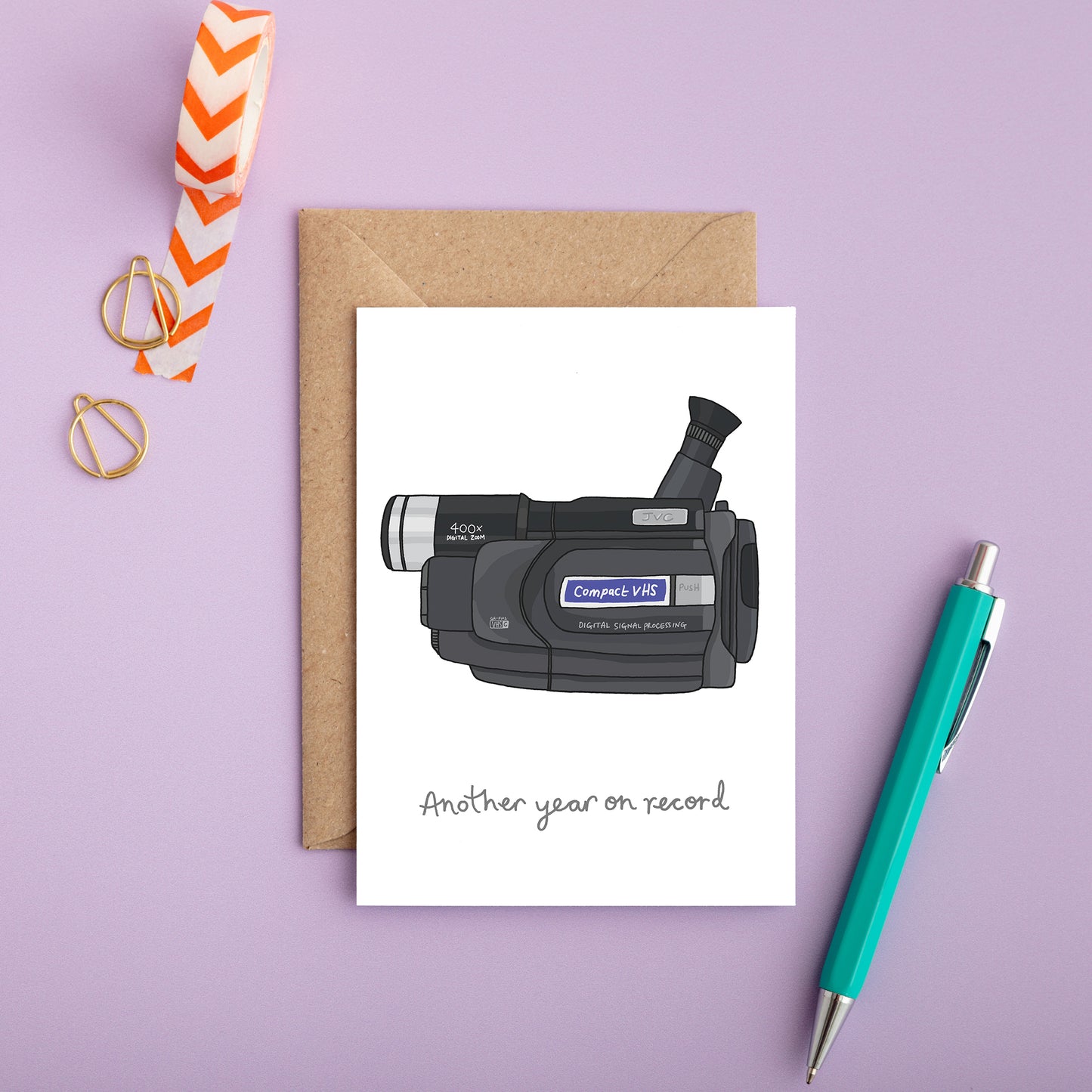 Retro birthday card with hand drawn camcorder and caption “Another year on record.”