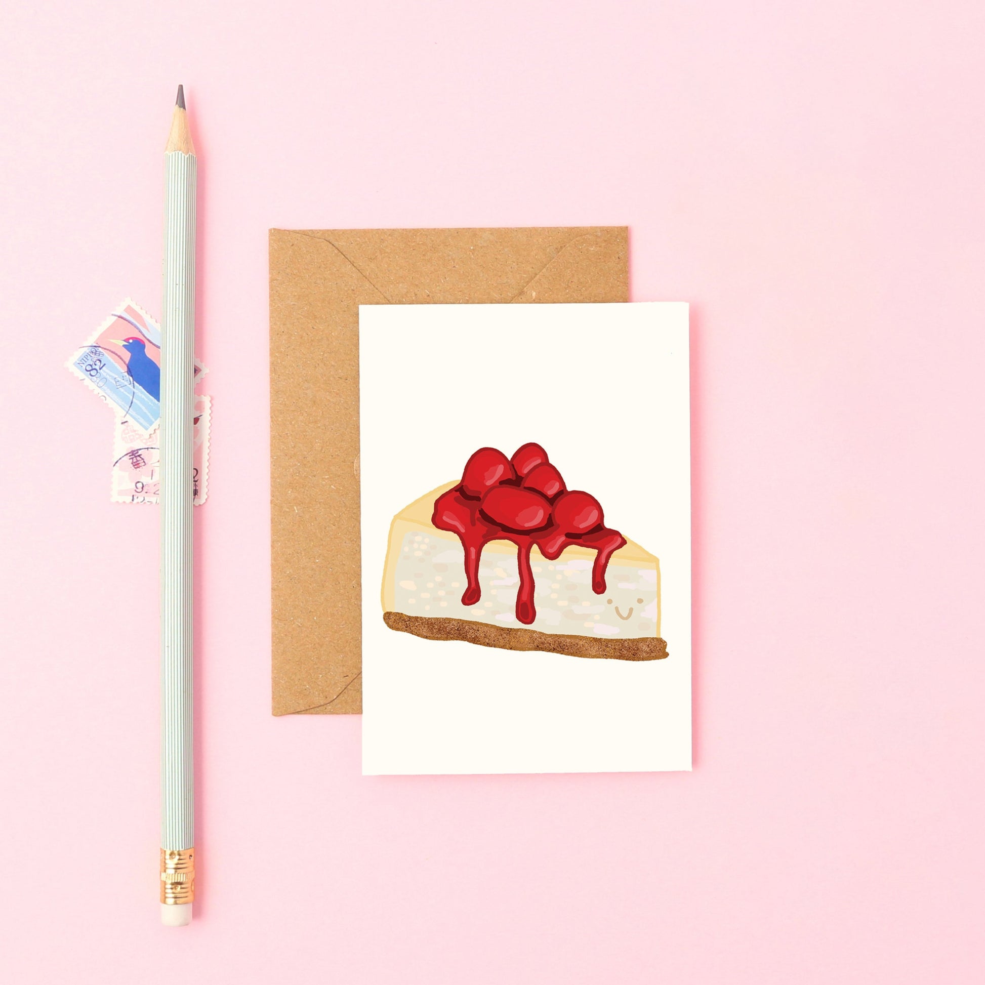 Mini Greeting Card Featuring a Smiley Cheesecake