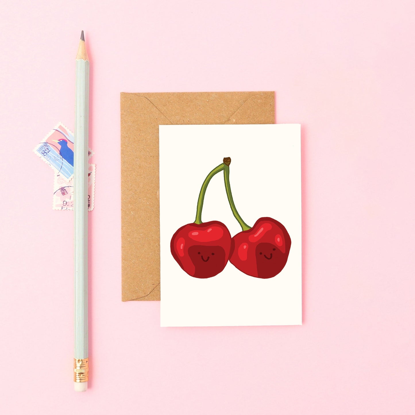 Mini Greeting Card Featuring Two Smiley Cherries
