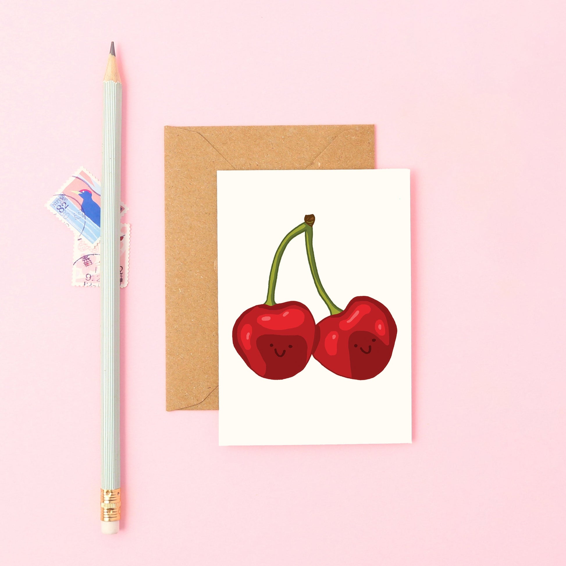 Mini Greeting Card Featuring Two Smiley Cherries