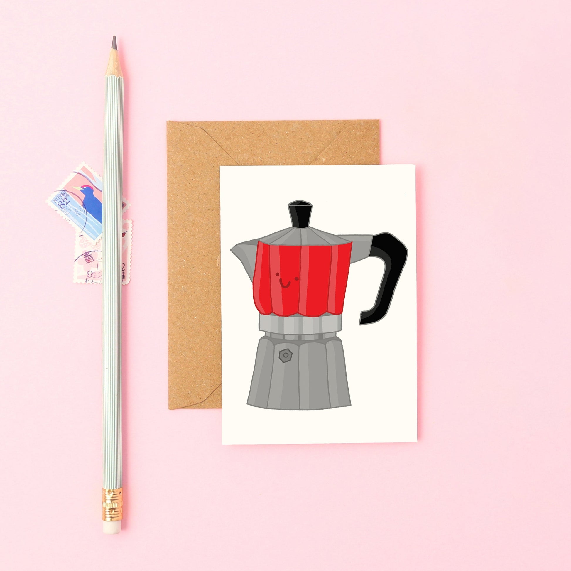 Cute Mini Greeting Card Featuring a Smiley Coffee Perculator