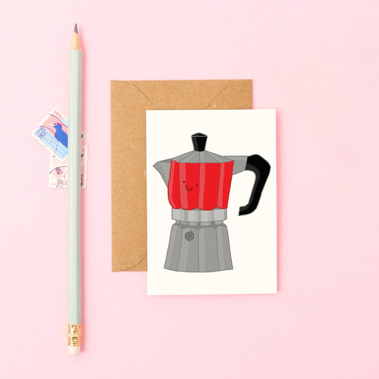 Cute Mini Greeting Card Featuring a Smiley Coffee Perculator
