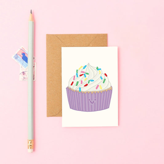 Cute Mini Greeting Card Featuring a Smiley Cupcake