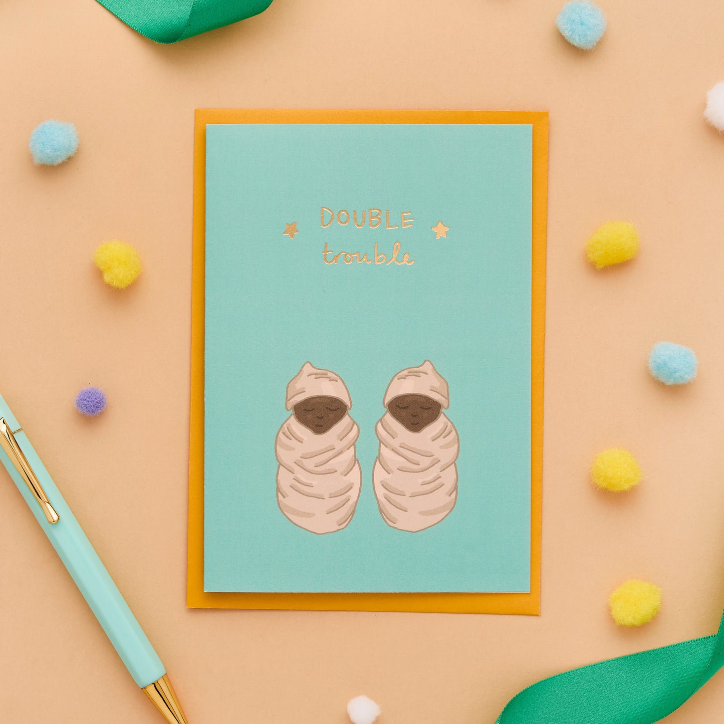 Double Trouble New Twin Baby Card Featuring Twins