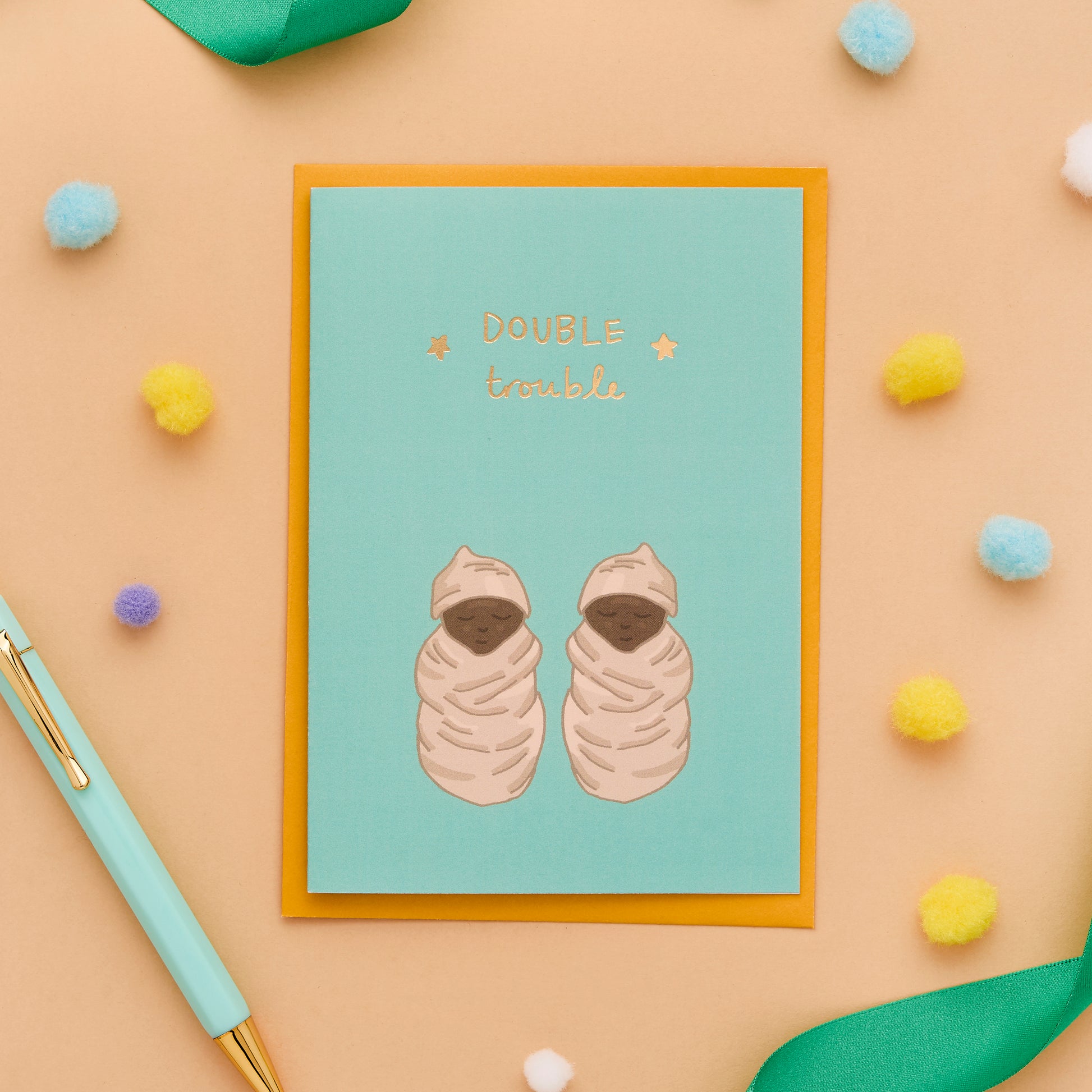 Double Trouble New Twin Baby Card Featuring Twins