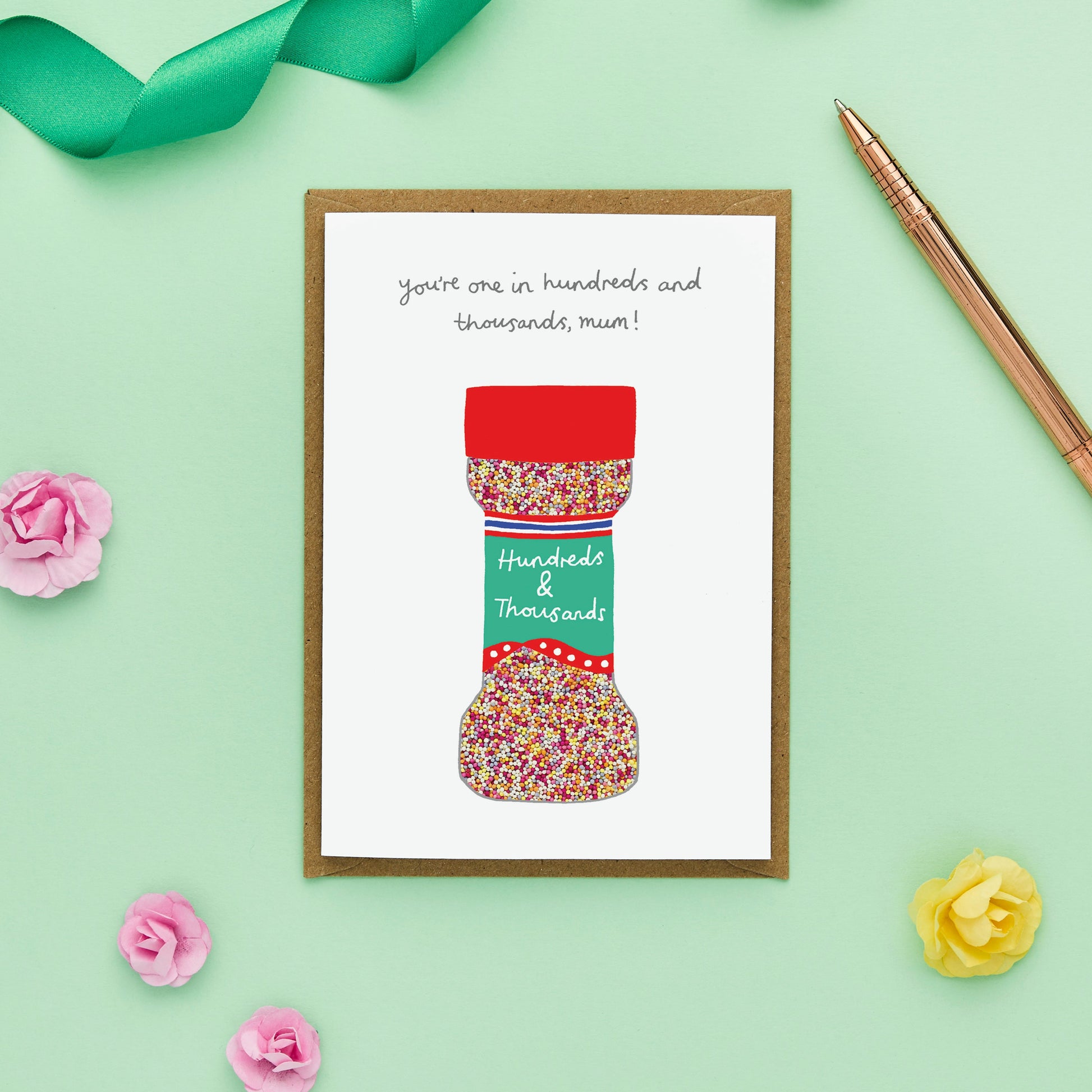 Quirky Mother's Day card featuring an illustration of a jar of hundreds and thousands