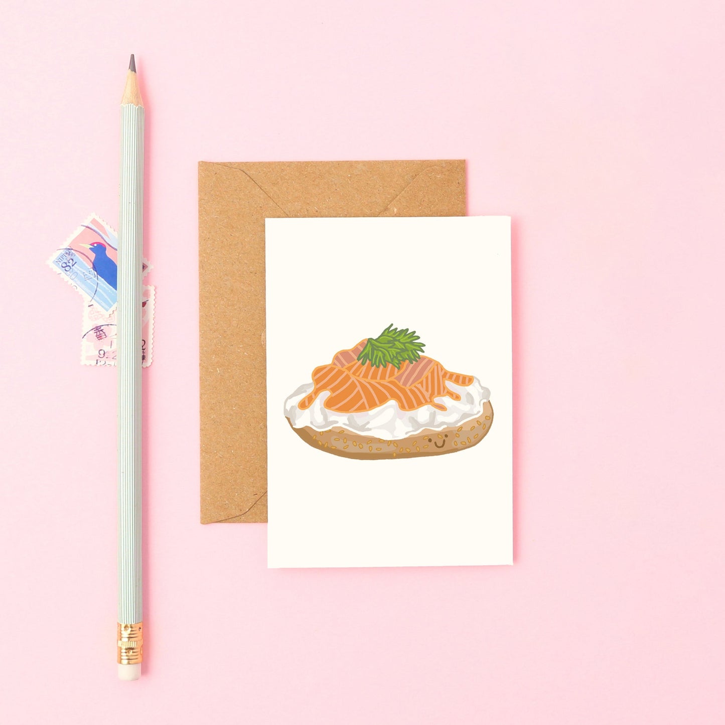 Mini Greeting Card Featuring a Smiley Lox Bagel