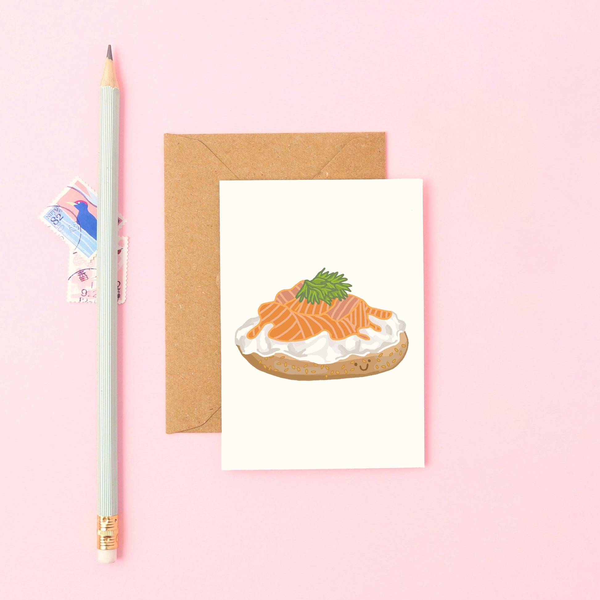 Mini Greeting Card Featuring a Smiley Lox Bagel