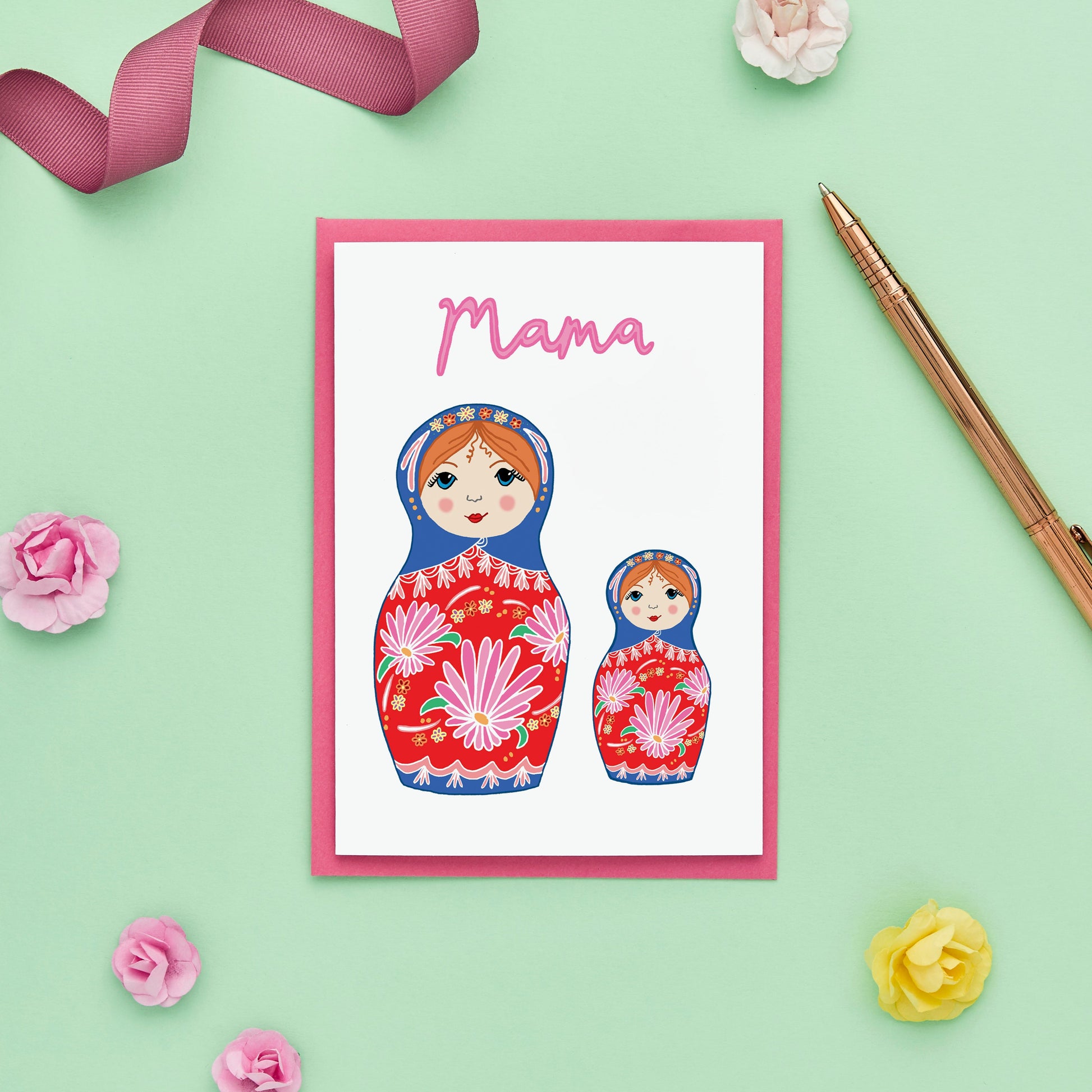 Sweet Mum card for Mother's Day or Mum's birthday featuring two illustrated Russian dolls