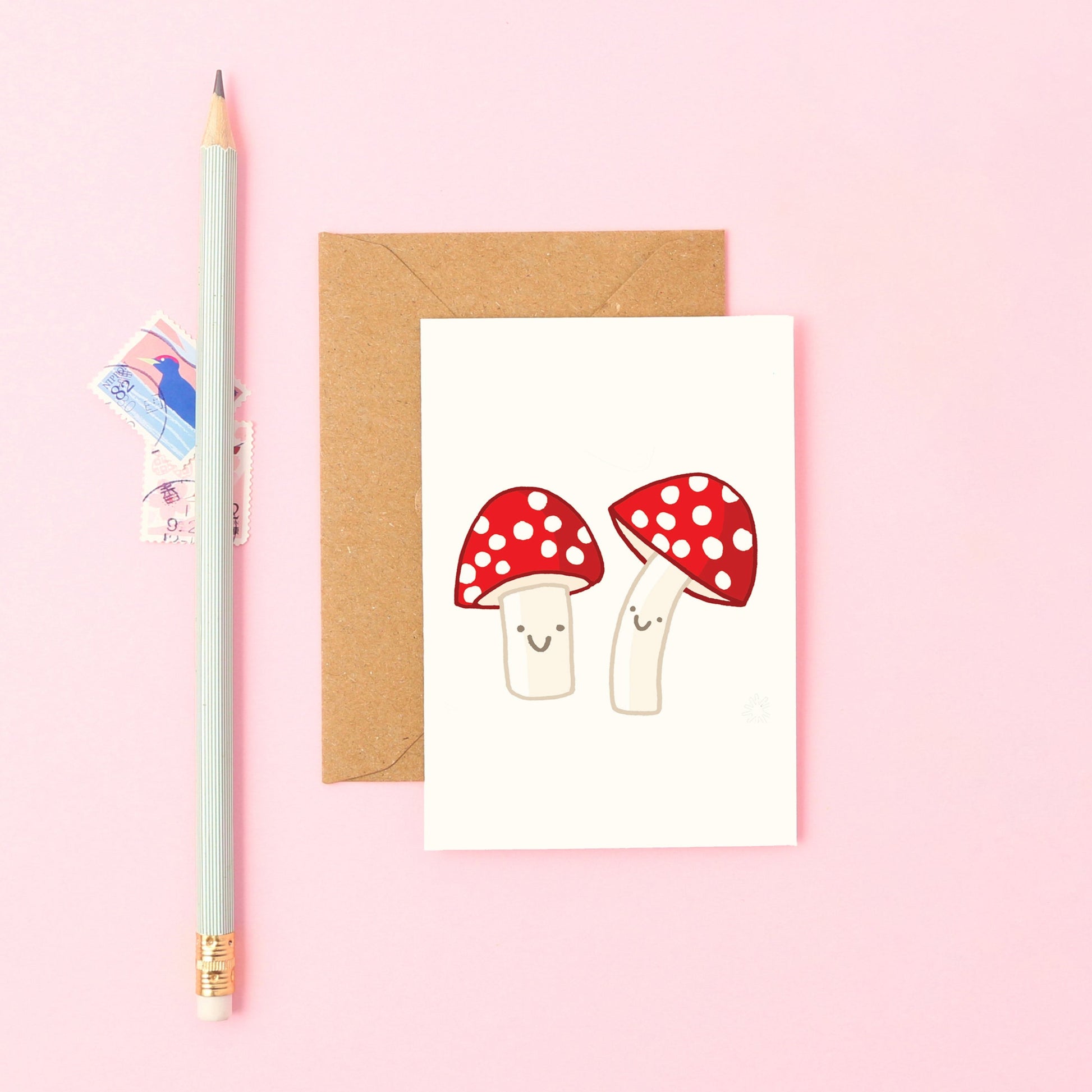 Cute Mini Card Featuring Two Smiley Mushrooms
