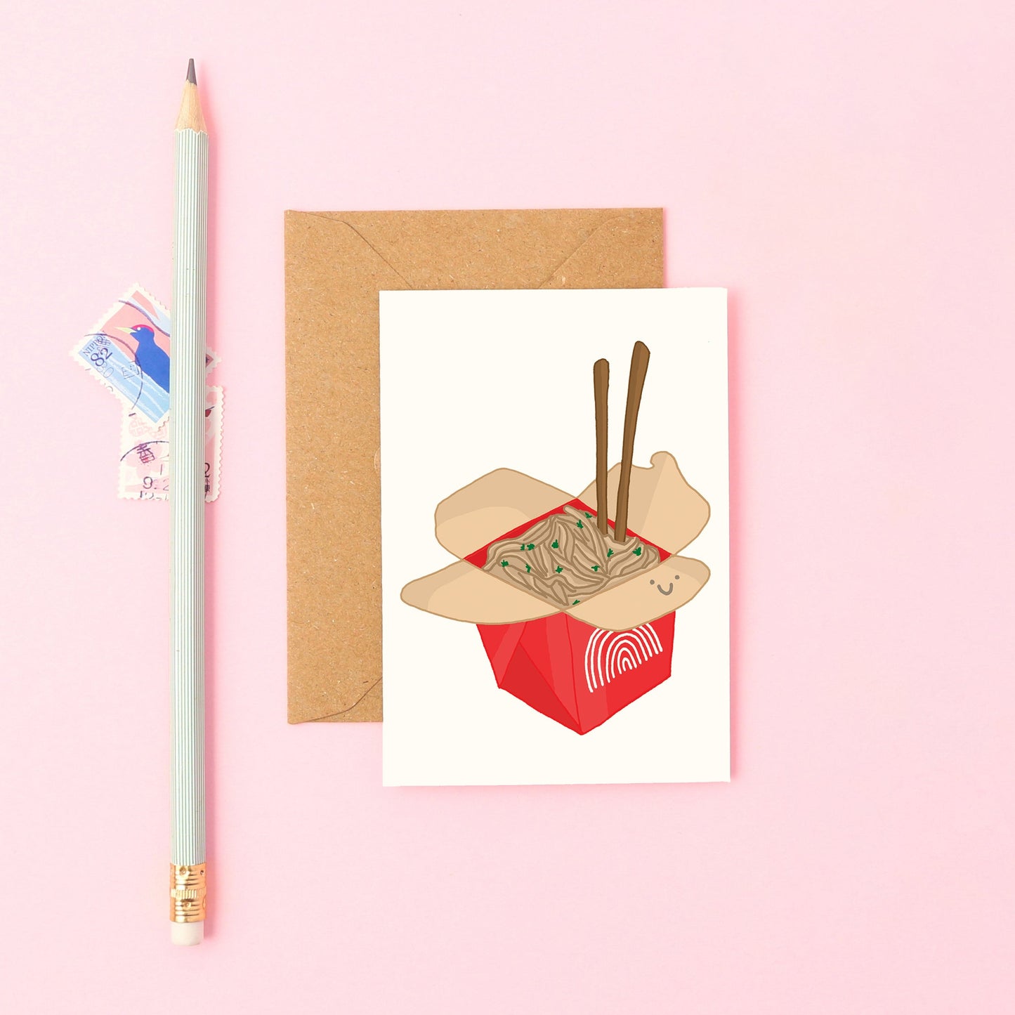 Cute Mini Greeting Card Featuring Smiley Noodles