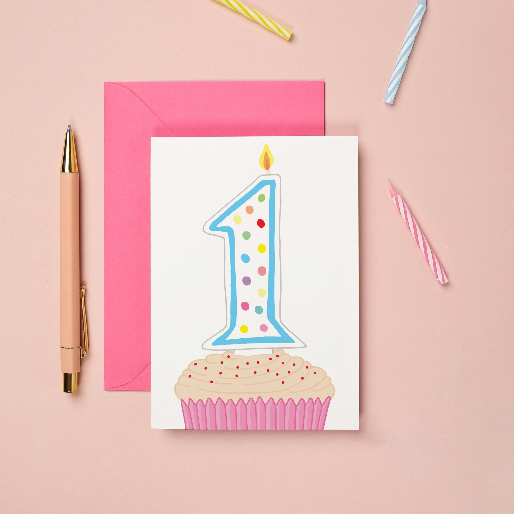 A 1st birthday card with a cupcake illustration