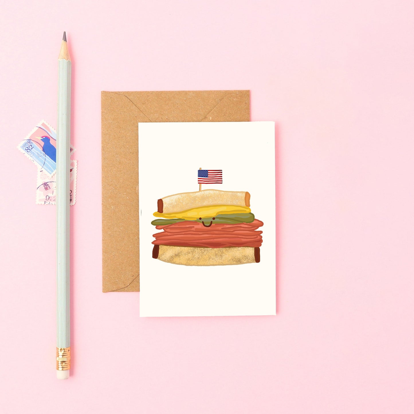 Mini Greeting Card Featuring a Smiley Pastrami oon Rye