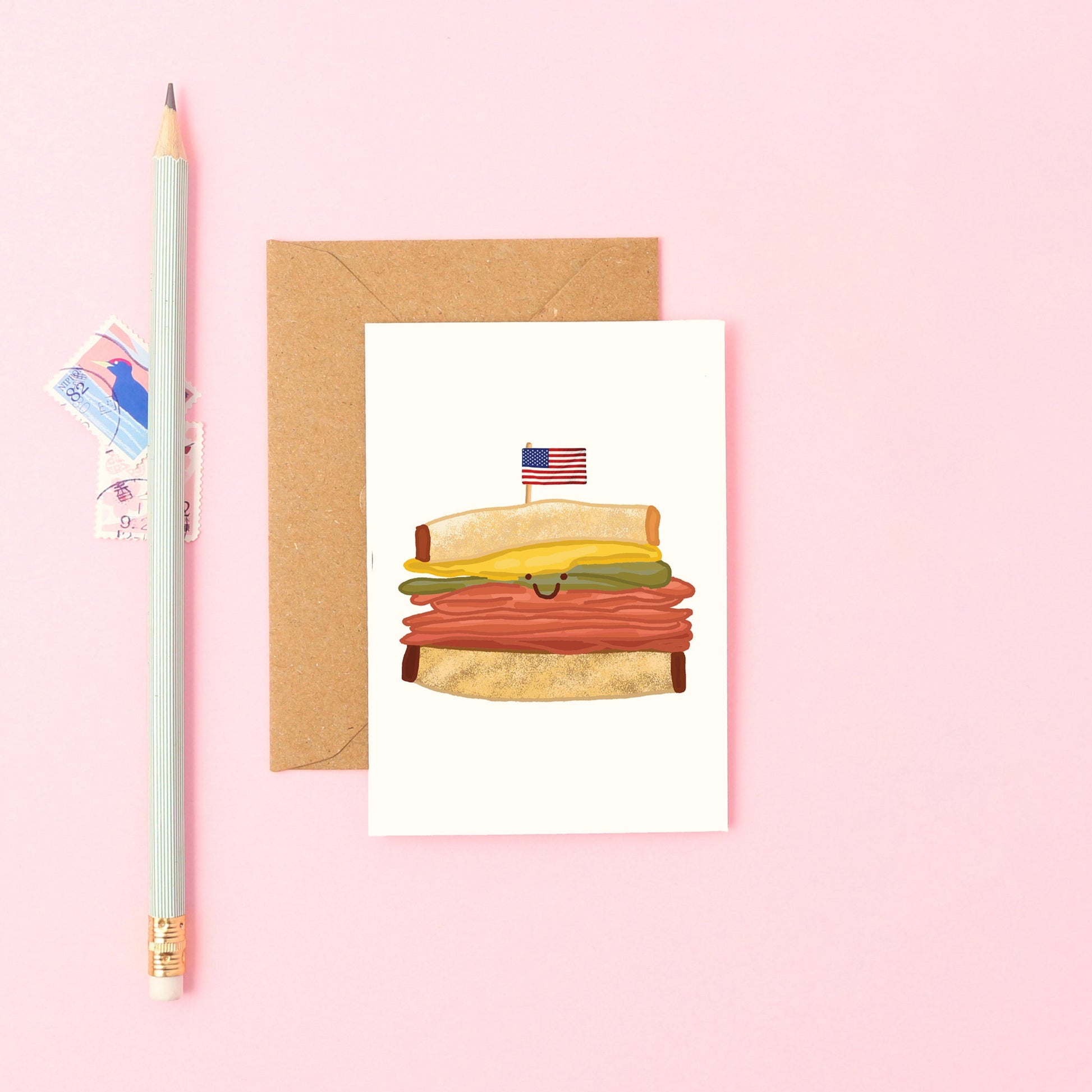 Mini Greeting Card Featuring a Smiley Pastrami oon Rye