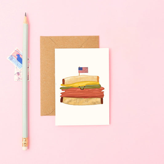 Mini Greeting Card Featuring a Smiley Pastrami oon Rye