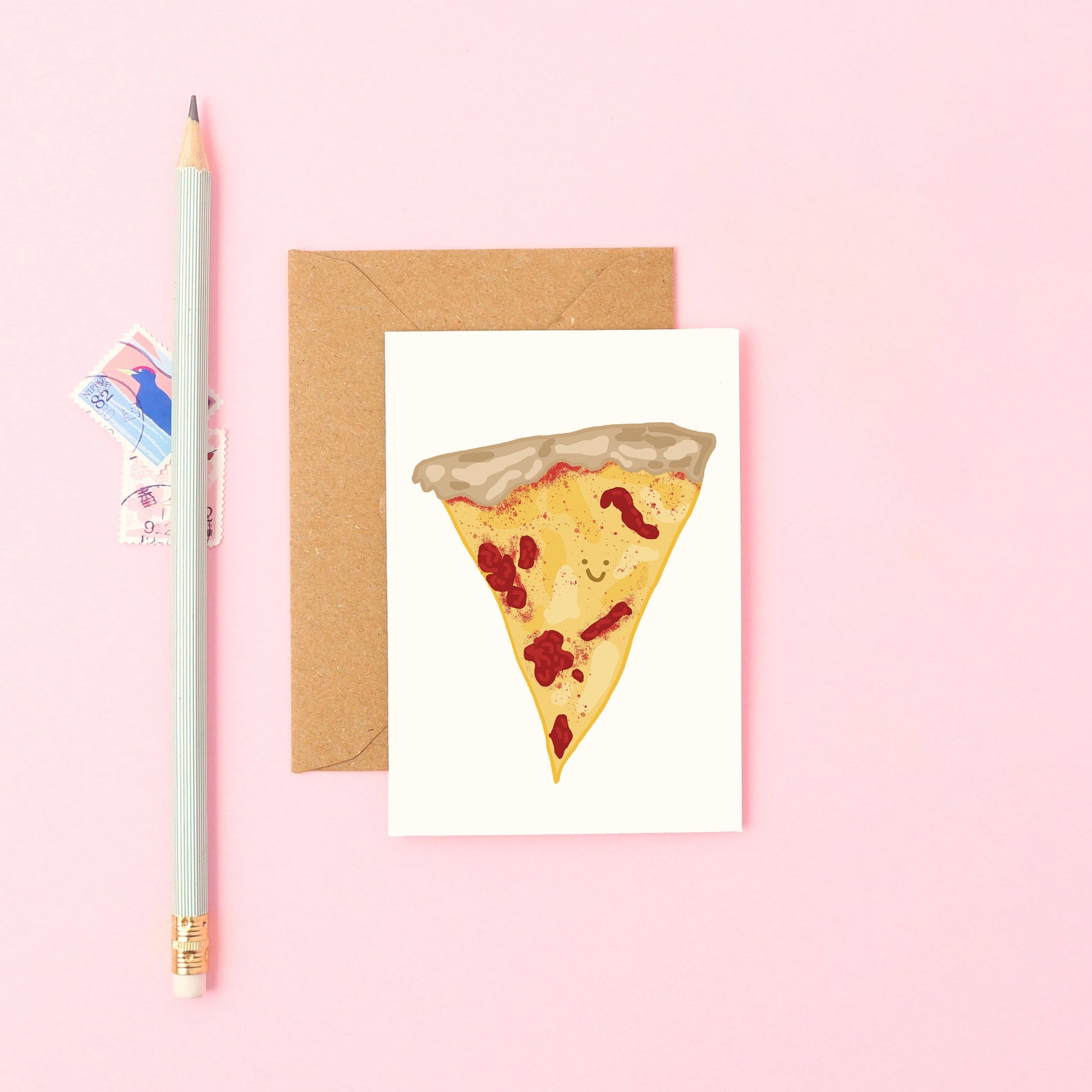 Mini Greeting Card Featuring a Smiley Pizza