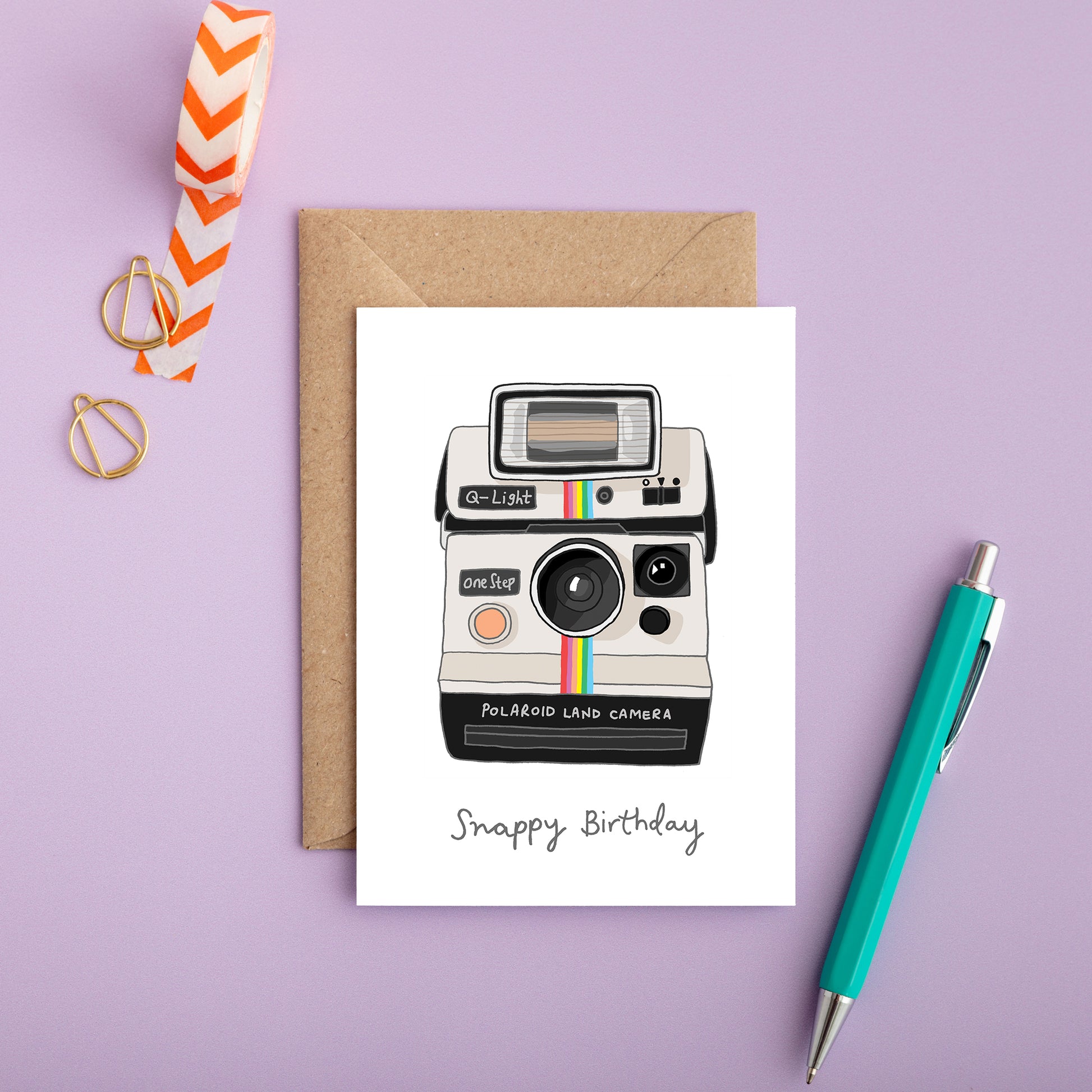 Hand drawn retro birthday card featuring a Polaroid camera with the caption “Snappy Birthday.”