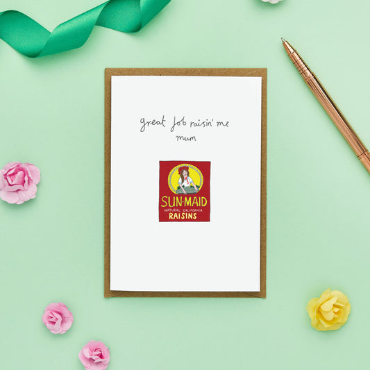 Quirky Mother's Day Card Featuring a Box of Raisins