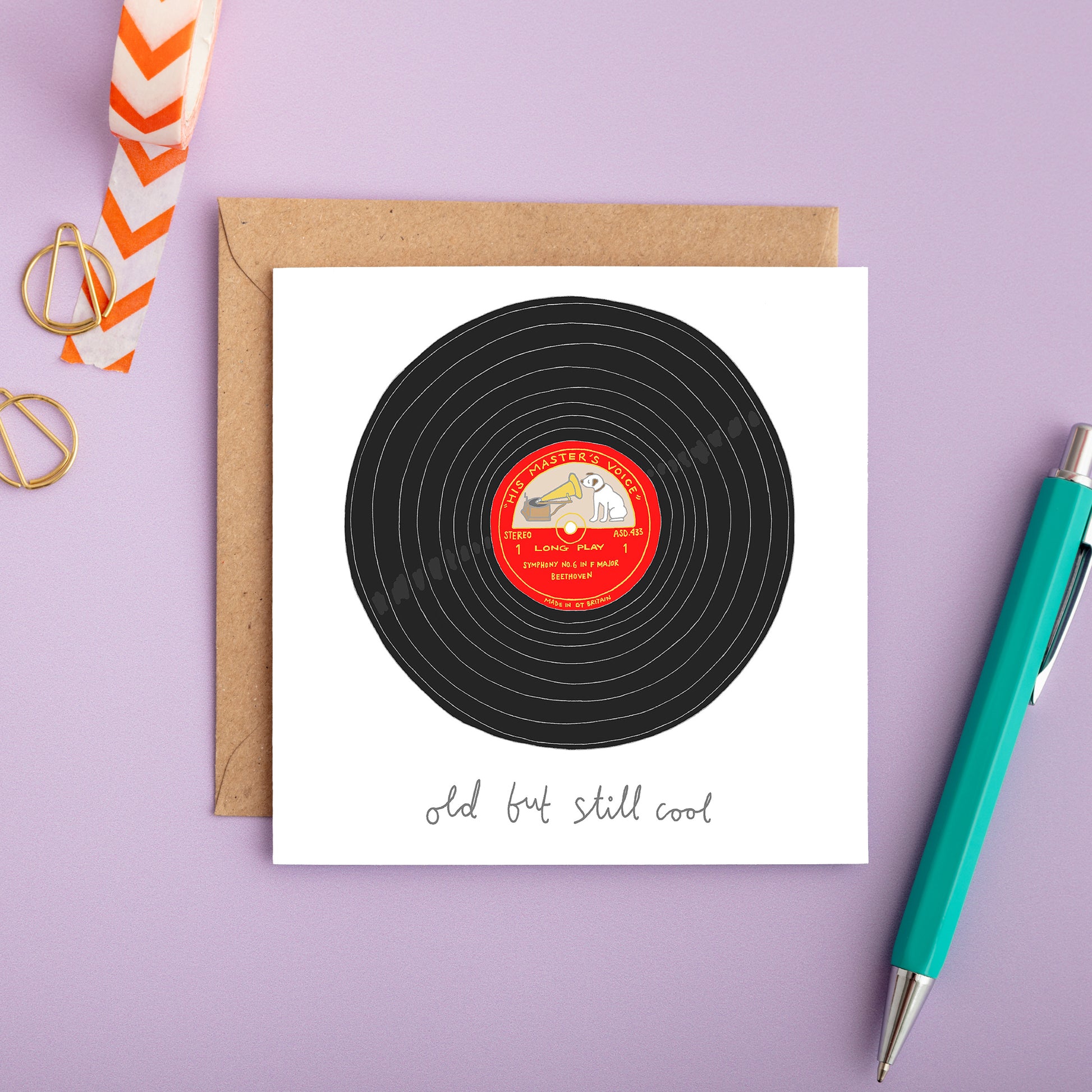 A retro birthday card with an illustration of a record