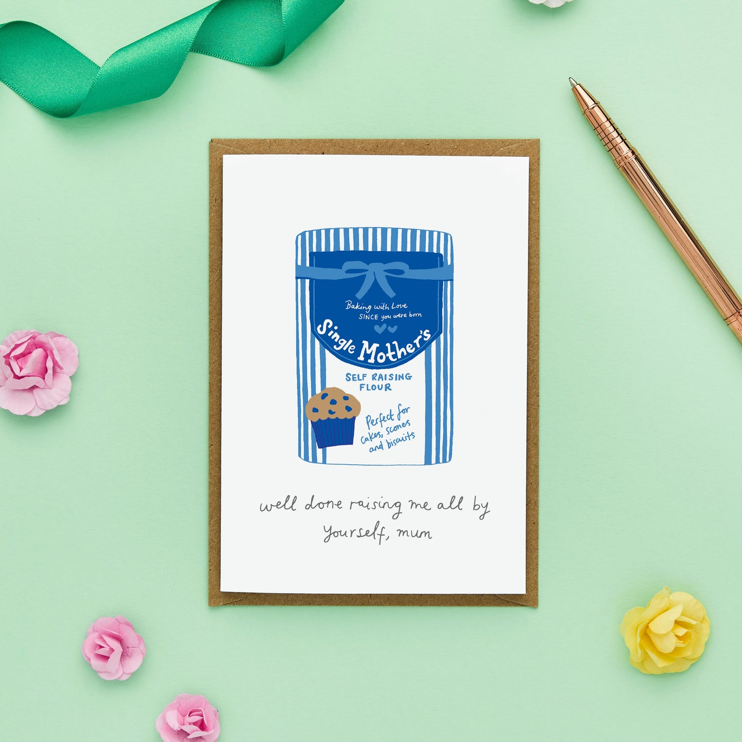 Heartfelt Mother's Day card featuring a bag of self-raising flour
