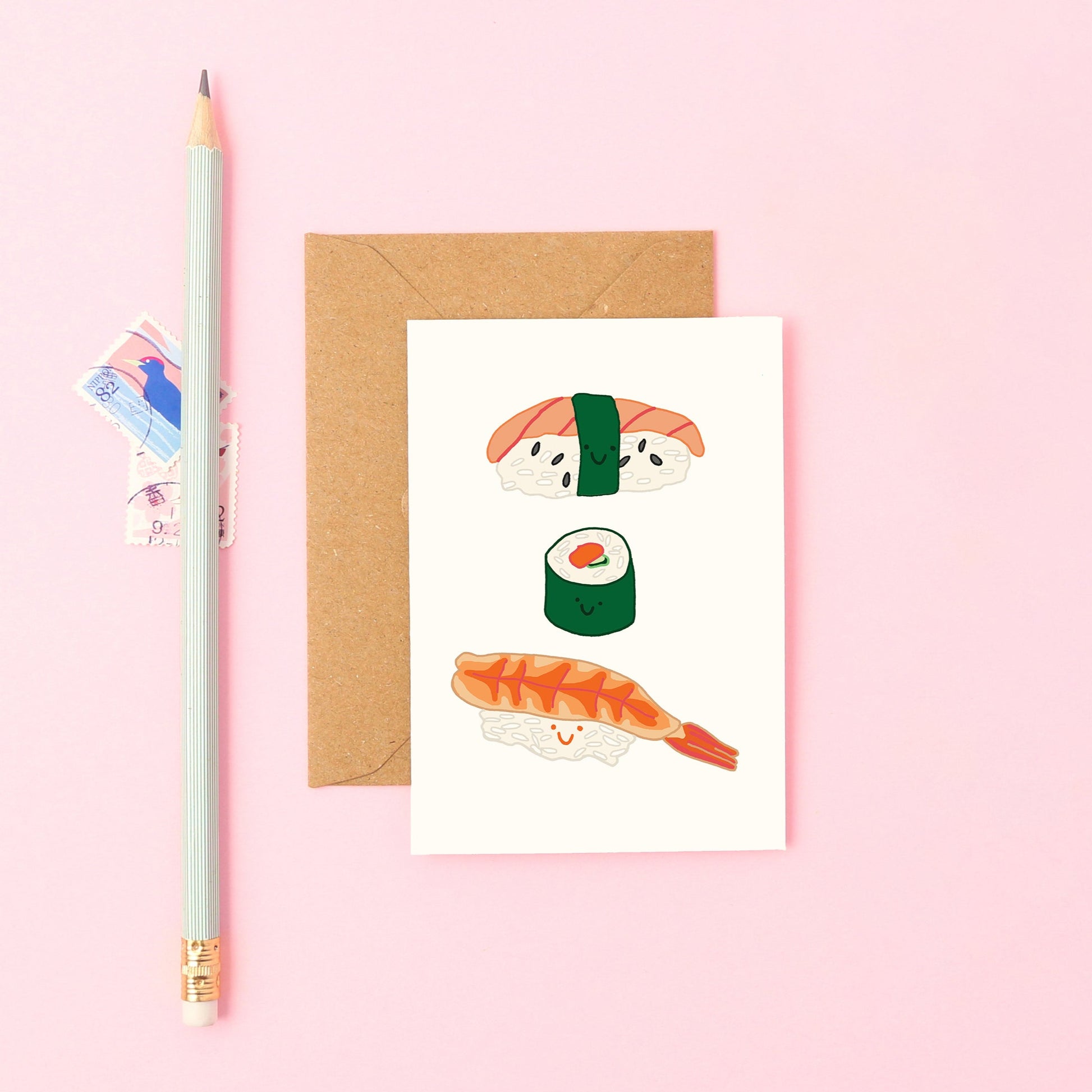 Cute Mini Greeting Card Featuring Smiley Sushi