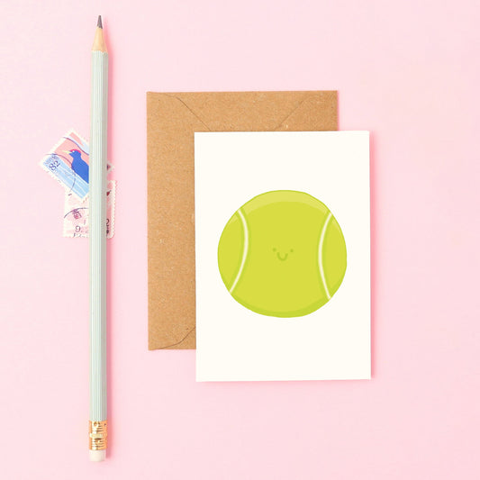 Bright hand-drawn tennis ball on a mini card. Perfect for Wimbledon gifts, sporty notes, and summer displays. Send a well done card to someone who 'smashed it'.