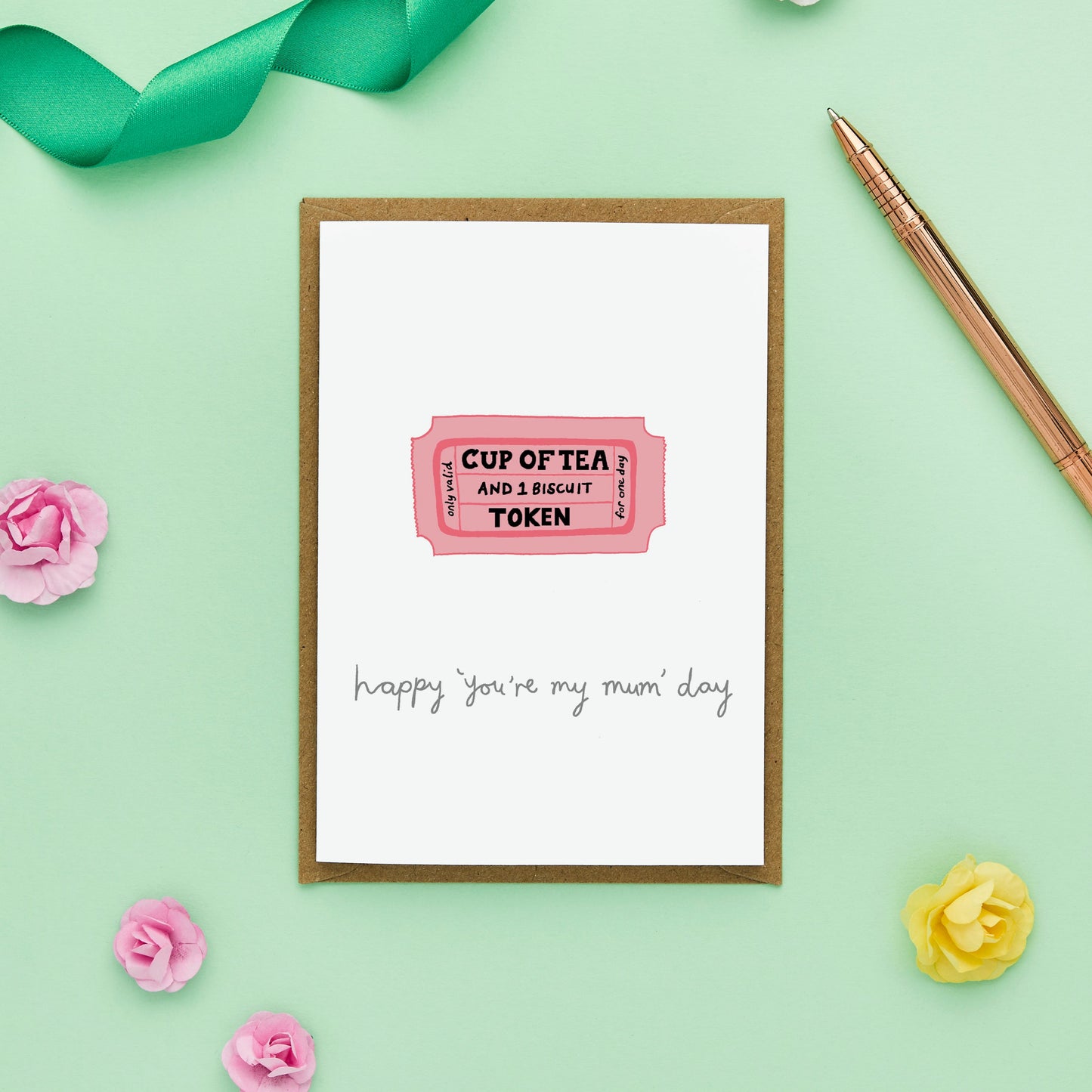Quirky Mother's Day card featuring a cup of tea coupon