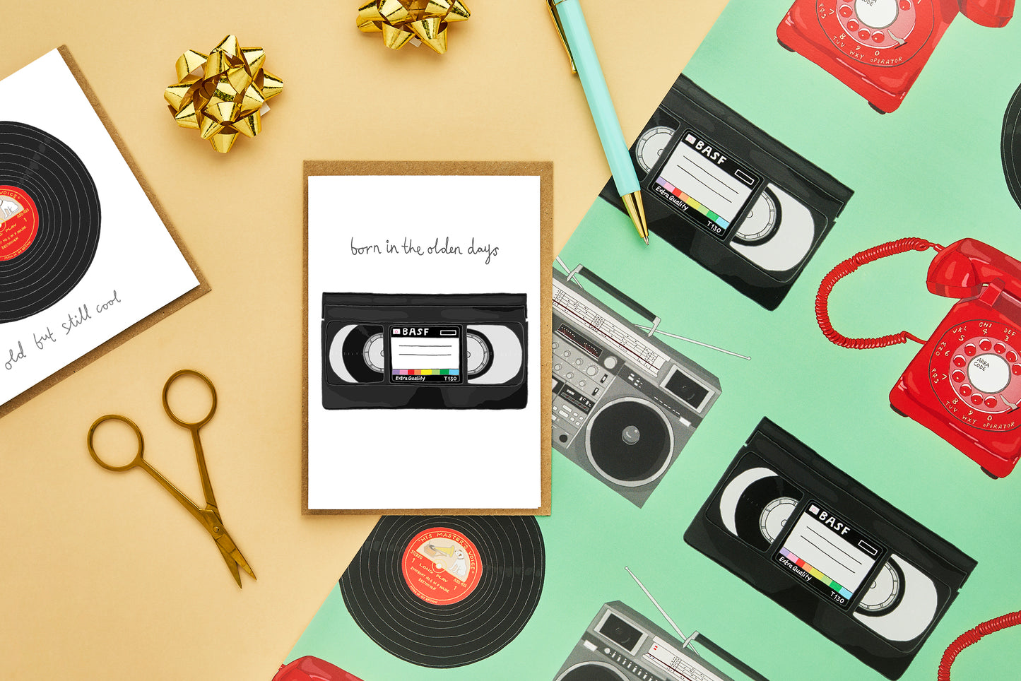 A retro birthday card featuring a hand drawn VHS and matching gift wrap