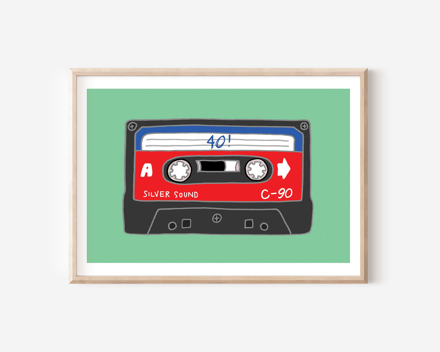 A 40th birthday A4 print with a cassette tape illustration