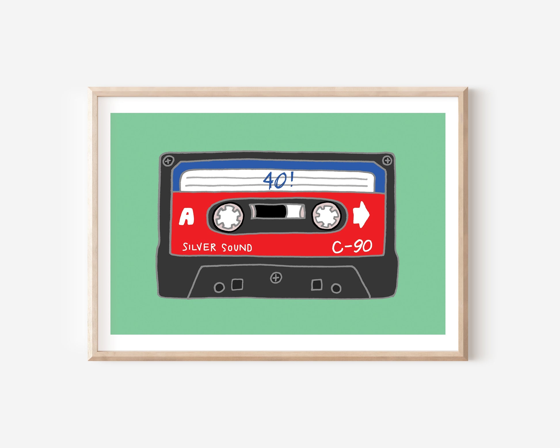 A 40th birthday A4 print with a cassette tape illustration