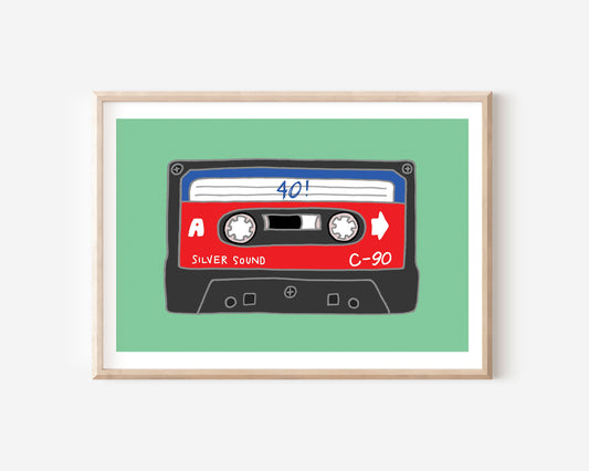 A 40th birthday A4 print with a cassette tape illustration