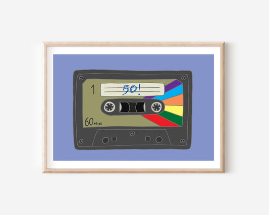 A 50th birthday A4 print with a cassette tape illustration