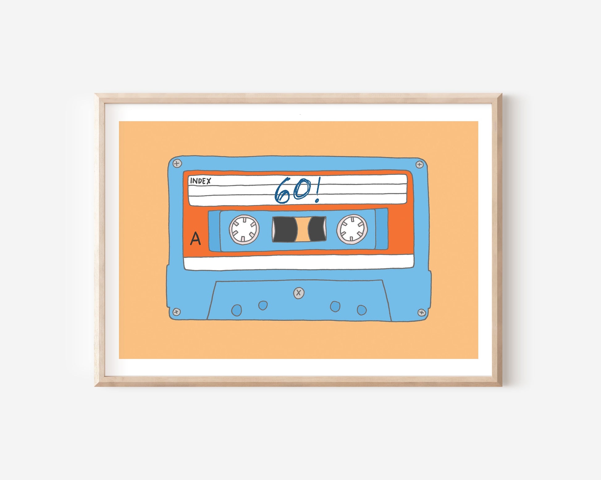 A 60th birthday A4 print with a cassette tape illustration