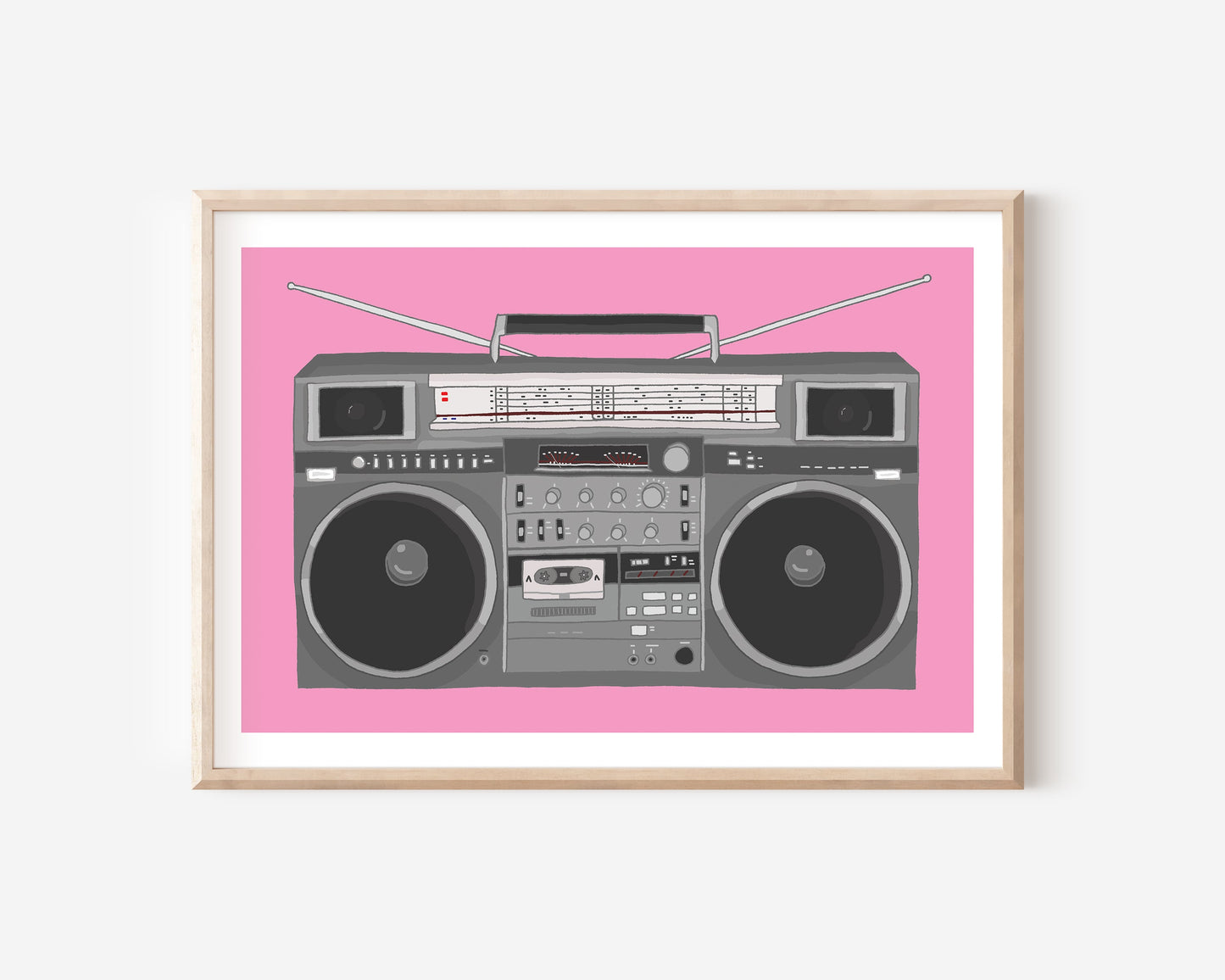 An A4 print with a boombox illustration