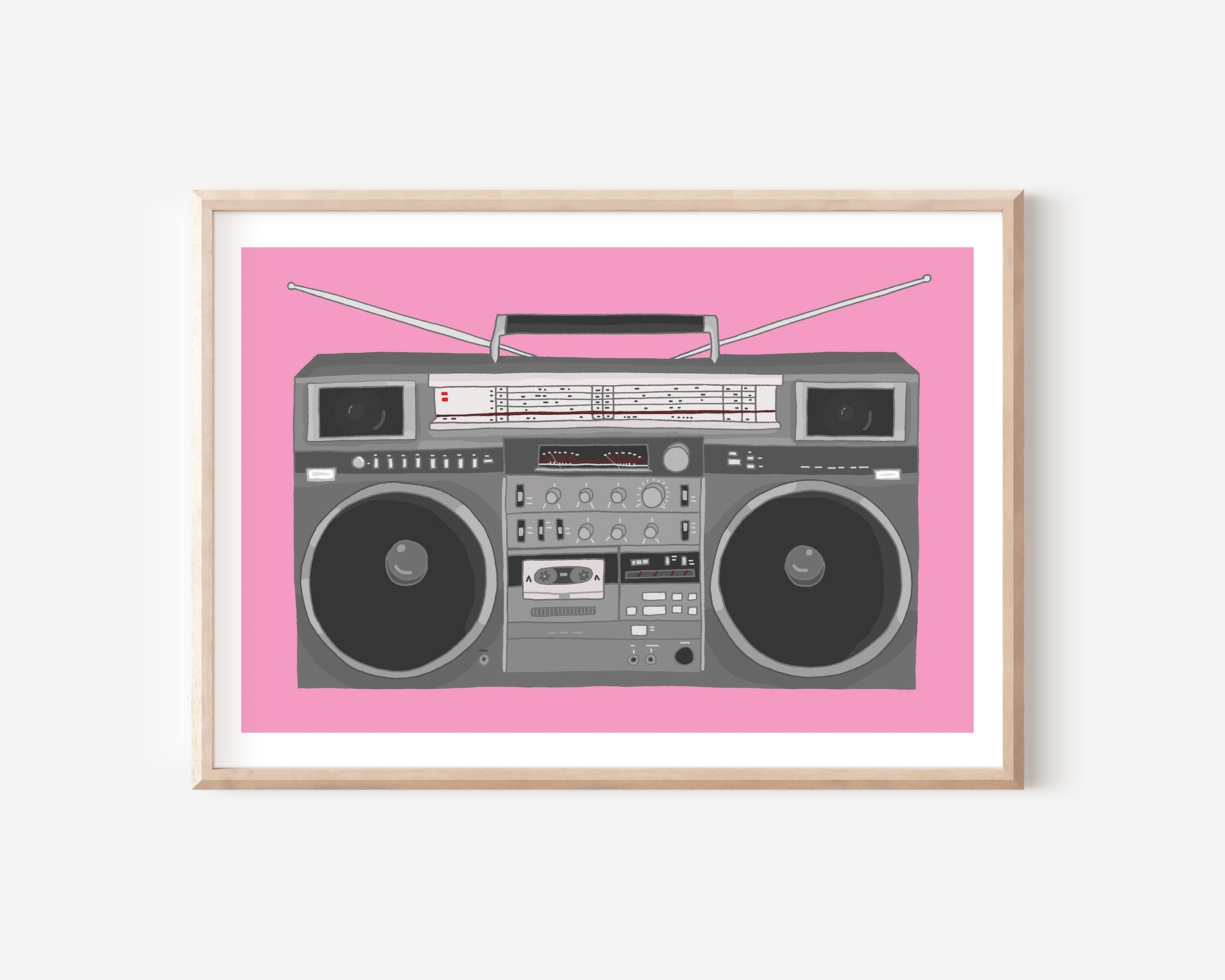An A4 print with a boombox illustration