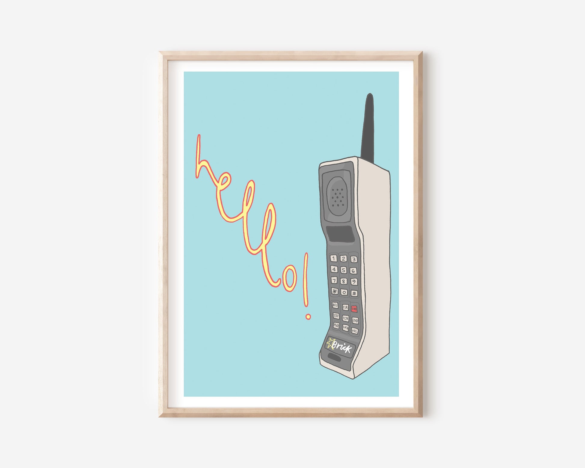 An A4 print with a brick phone illustration