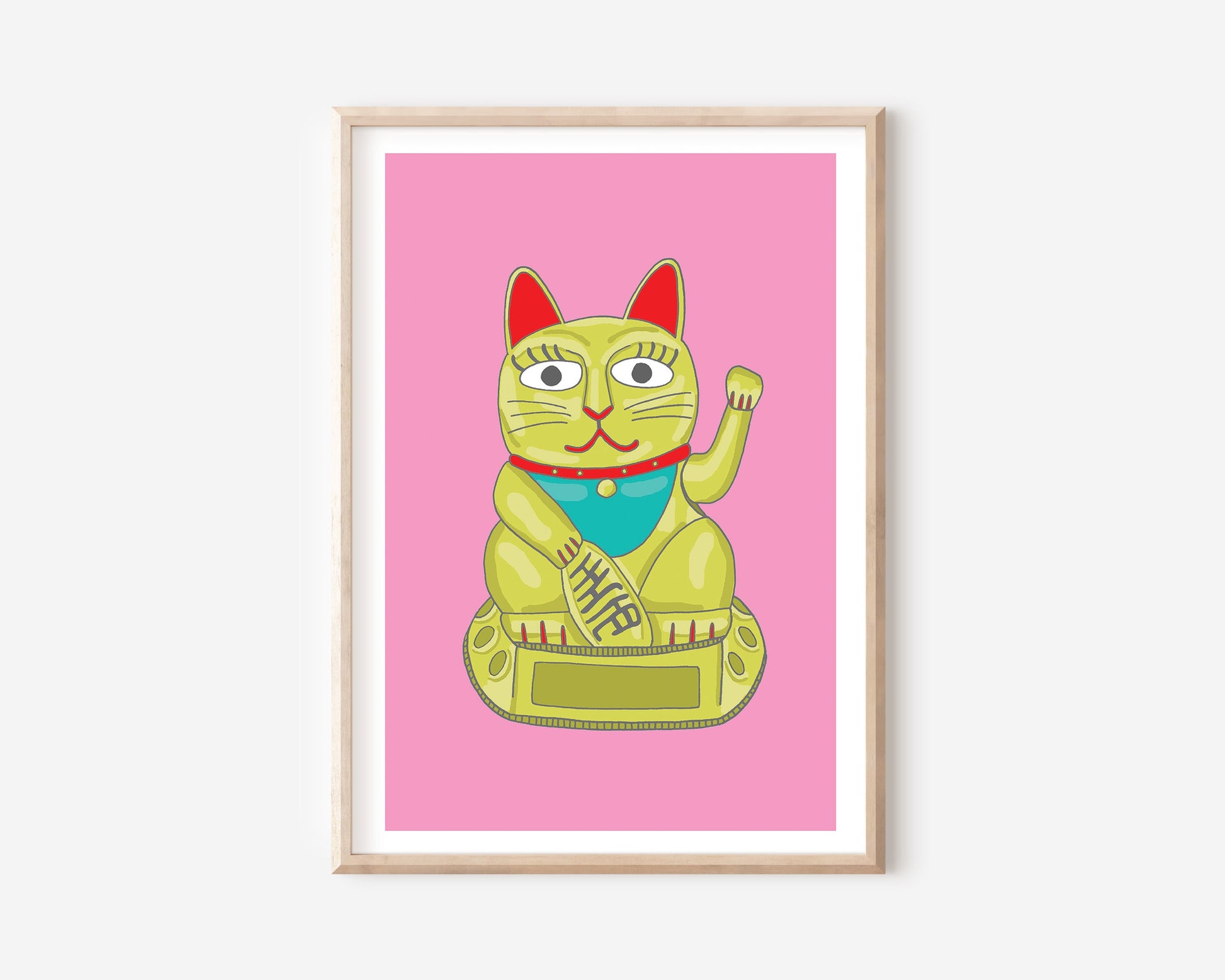 An A4 print with a lucky cat illustration