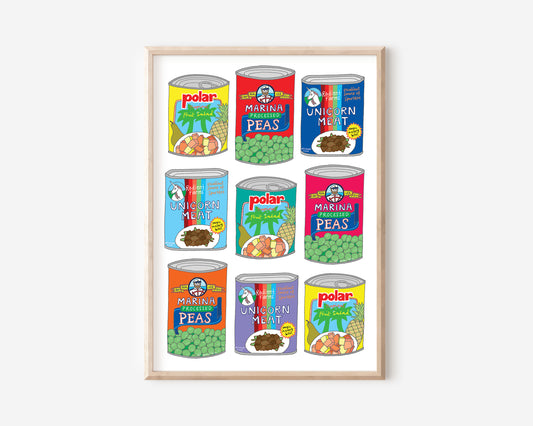 An A4 print with a canned goods illustration