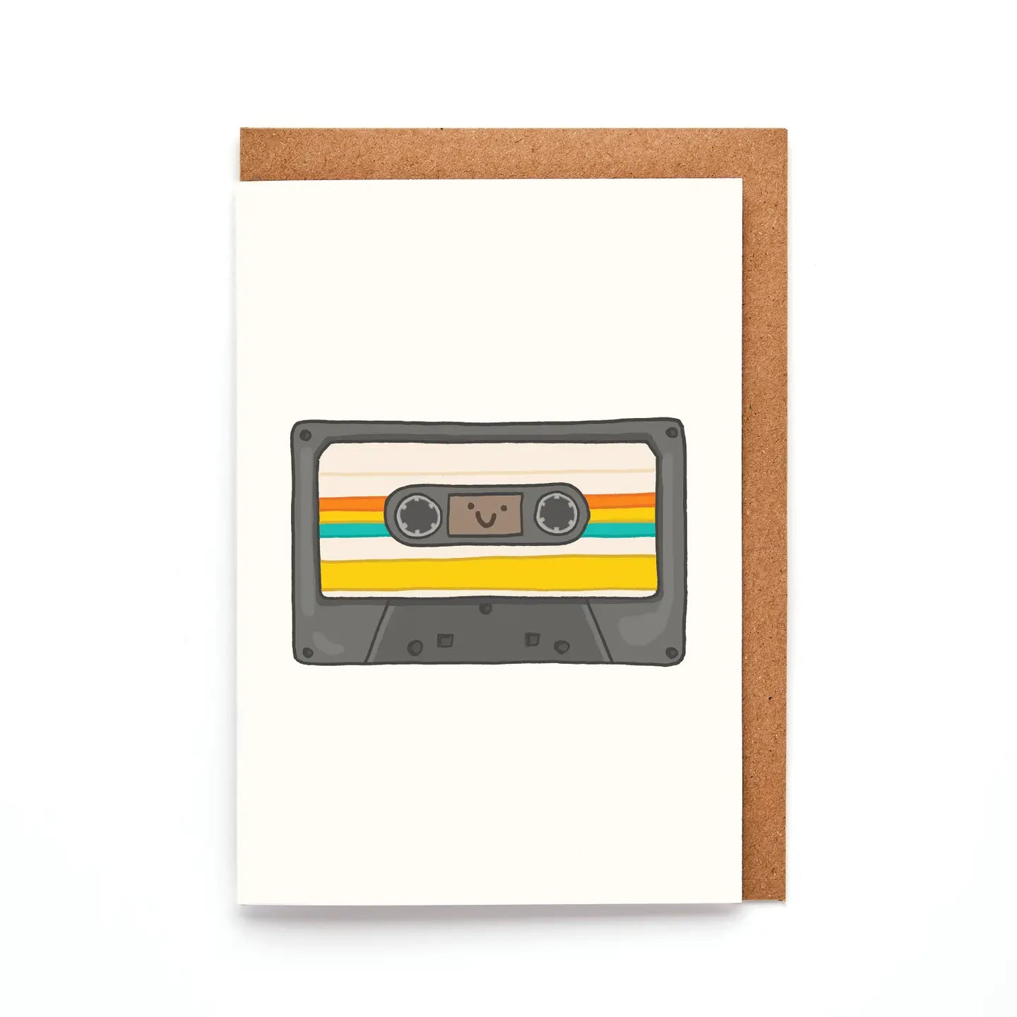 Mini retro card featuring hand drawn smiling cassette tape in black and rainbow