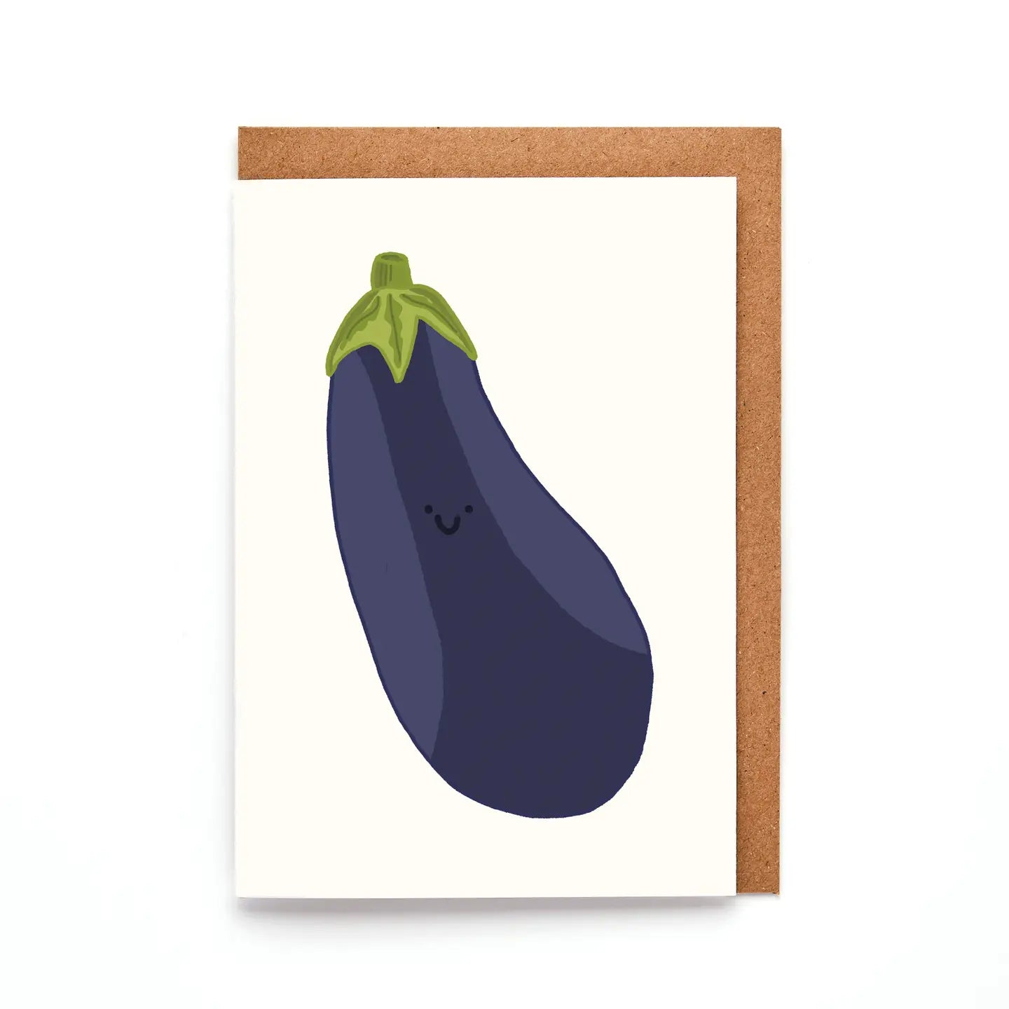 Mini aubergine card with cute hand drawn purple aubergine and smile