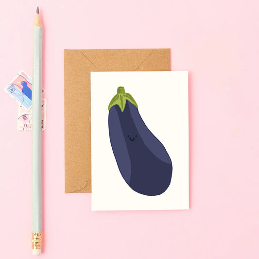 Mini aubergine card with hand drawn purple aubergine and smile
