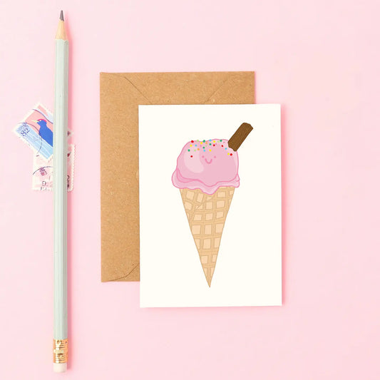 Mini ice cream card with pastel cone, smiling scoop and flake