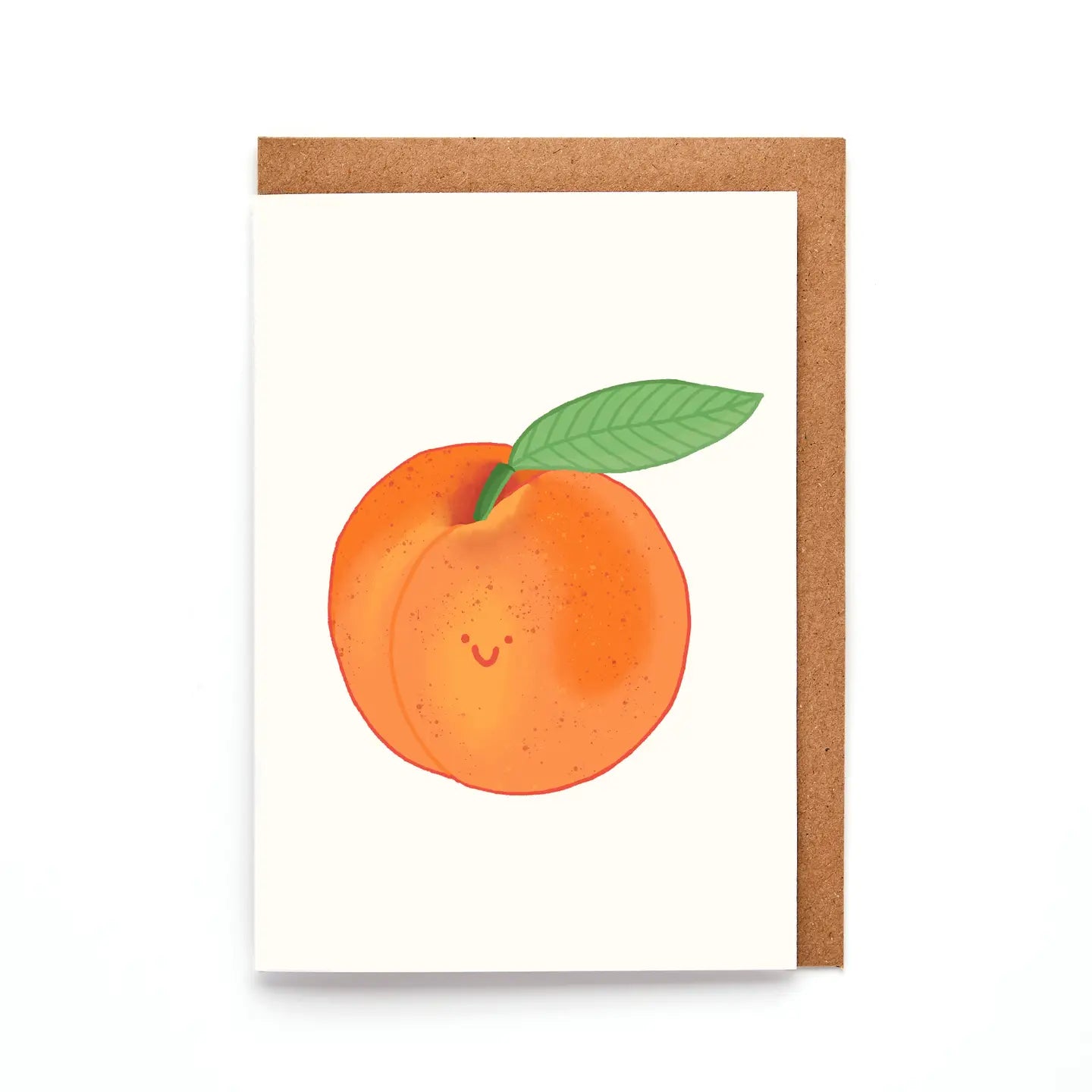 Mini peach card with smiling hand drawn orange peach and green leaf