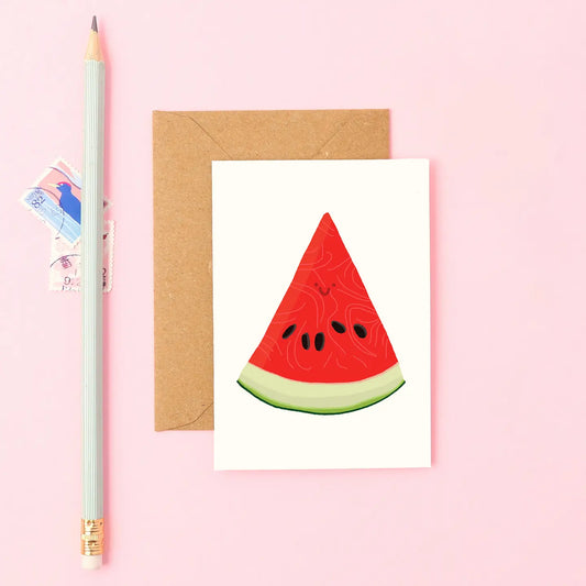 Mini watermelon card with hand drawn red and green smiling fruit slice
