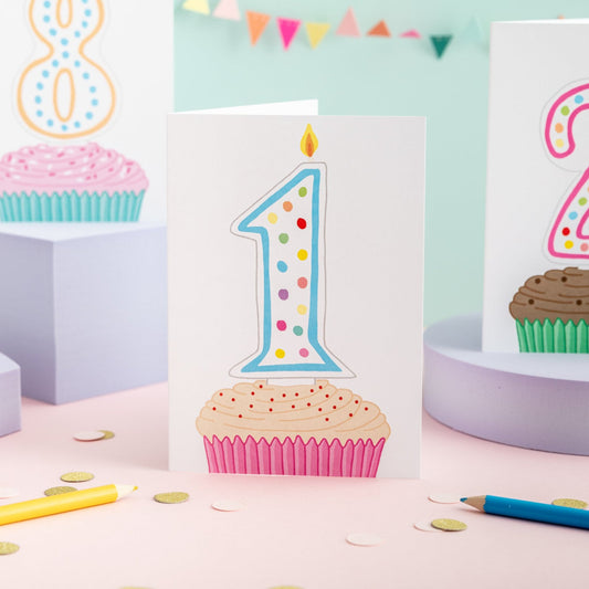 A 1st birthday card with a cupcake illustration