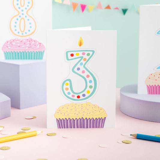 A 3rd birthday card with a cupcake illustration